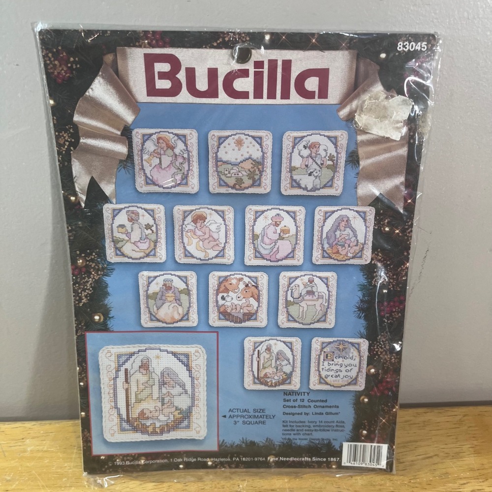 Bucilla Nativity Cross-Stitch Ornament Kit Vtg 1993 83045 12pc Ivory Blue 3in
